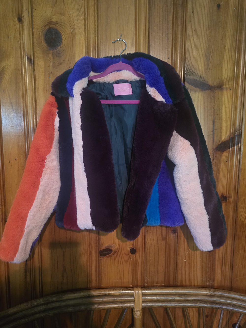 Multicolor Faux Fur Bomber Jacket - Women's Bold Stripe Coat